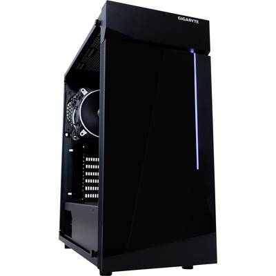 Schwarzes Computergehäuse von Gigabyte mit geöffnetem Seitenteil, zeigt Lüfter und Innenstruktur. Ideal für PC-Bastler.