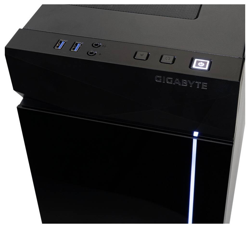 Ein schwarzes Computergehäuse mit USB-Anschlüssen, Kopfhöreranschluss, zwei Tasten und beleuchteter Ein-/Aus-Taste.