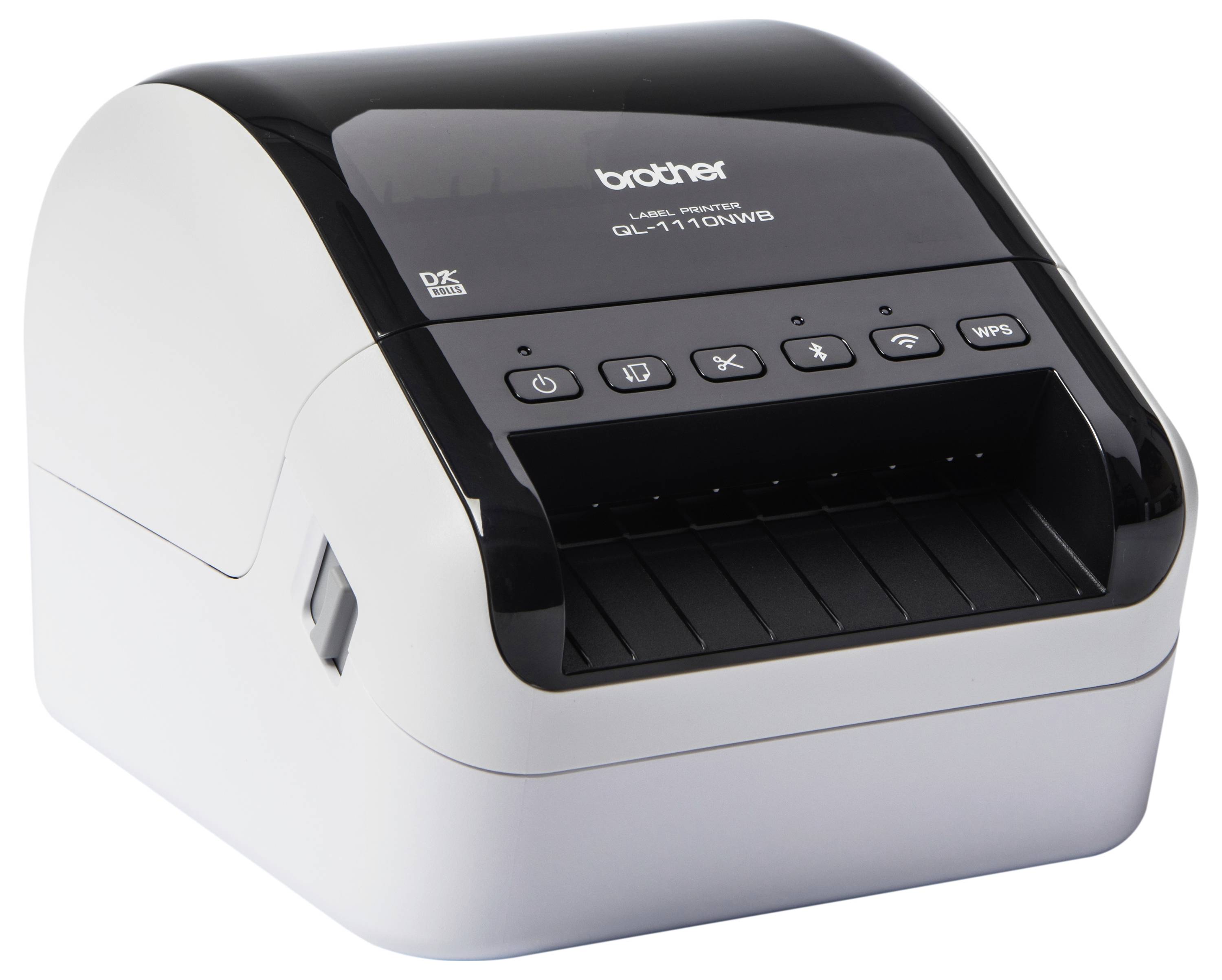 Etikettendrucker in weißem und schwarzem Gehäuse, mit Tasten zur Bedienung. Elliptische Form und kompakte Größe. Herstellername 'brother'.