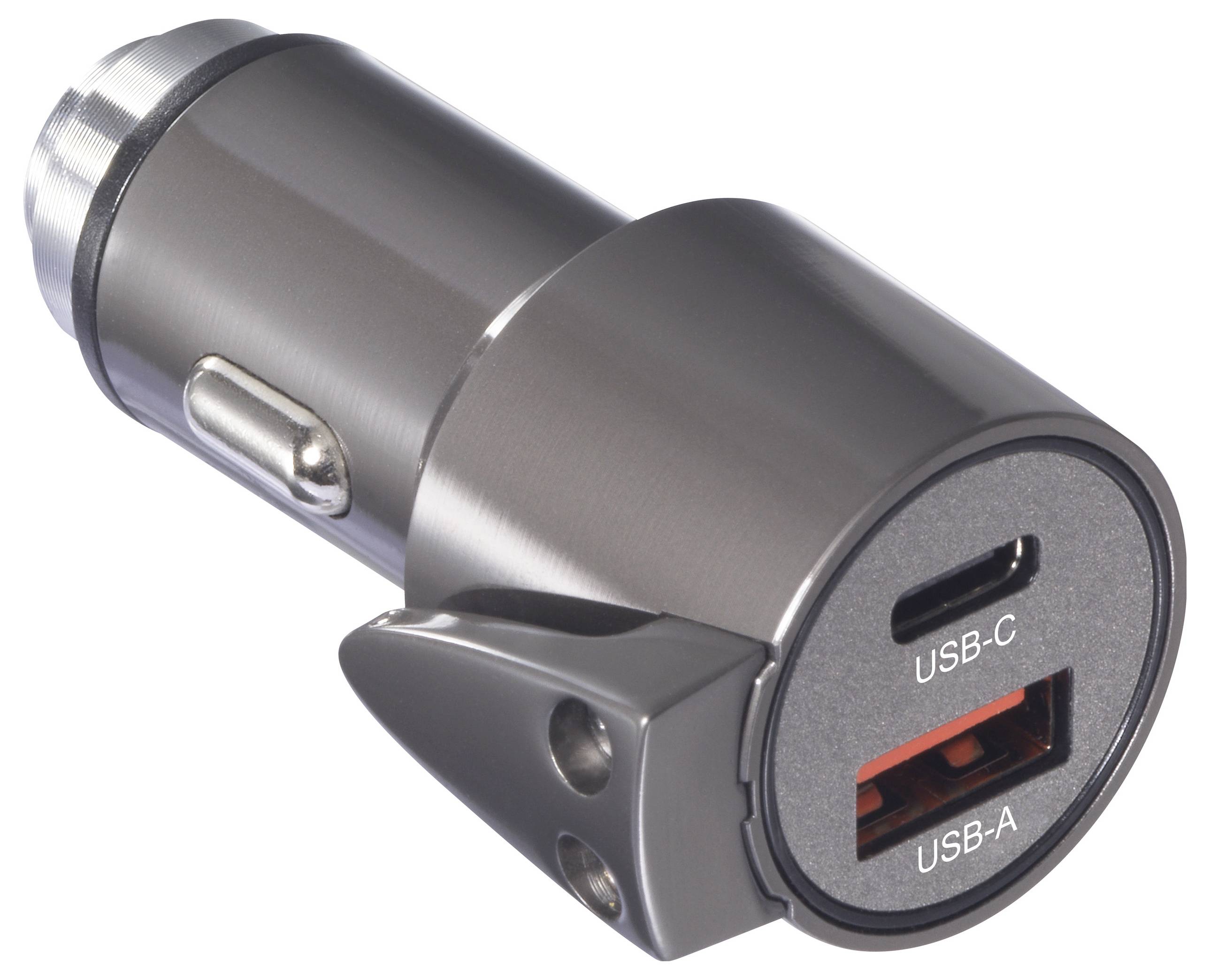 Ein grauer Auto-Adapter mit USB-C- und USB-A-Anschlüssen für das Laden von Geräten.