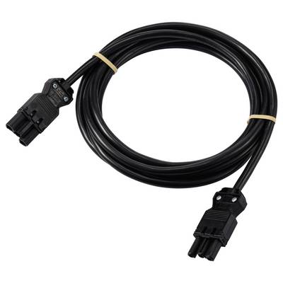 Ein schwarzes Netzkabel mit rechteckigen Steckern an beiden Enden, aufgerollt in einem Kreis und mit zwei Gummibändern gesichert.