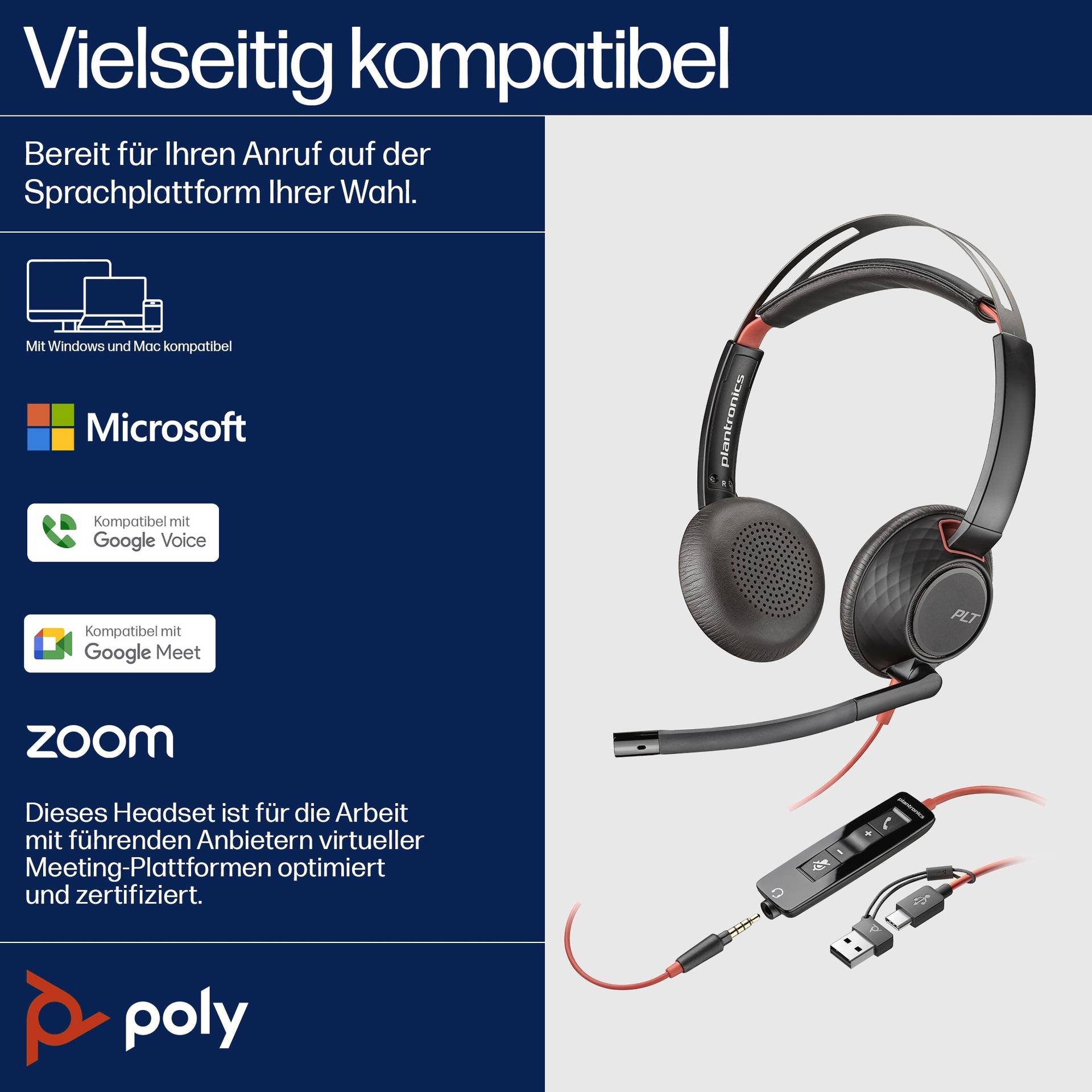 Ein Headset mit einem Mikrofon, das mit Microsoft, Google Voice und Zoom kompatibel ist. Oben steht 'Vielseitig kompatibel'.