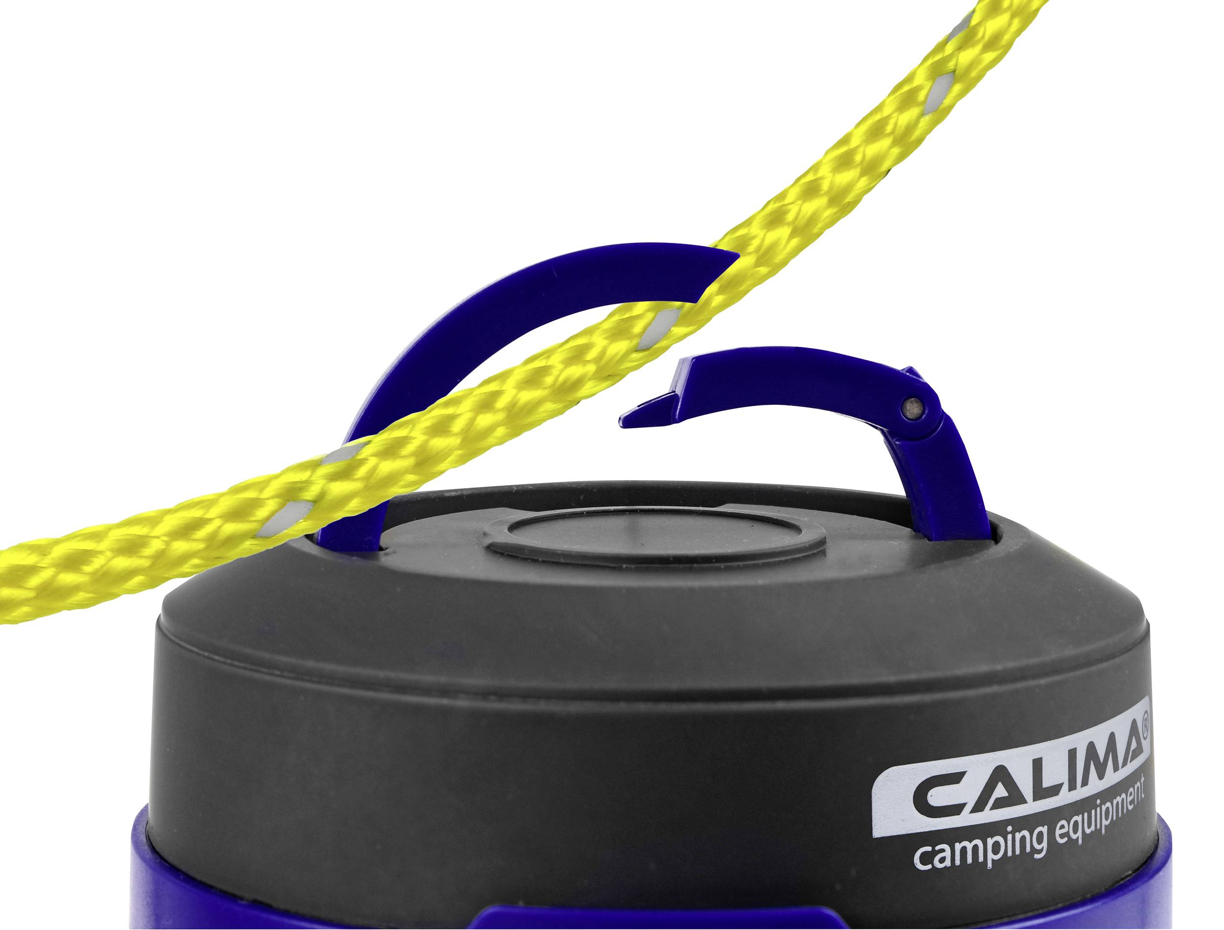 Ein Behälterdeckel mit einem eingehakten gelben Seil und der Aufschrift 'Calima camping equipment' auf der Seite.