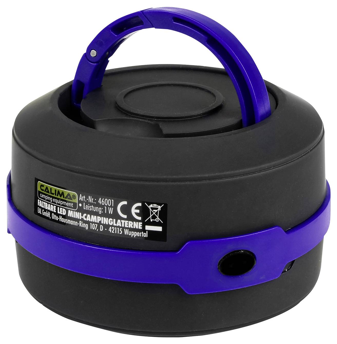 Schwarze und blaue LED-Campinglaterne mit klappbarem Griff. Beschriftet mit CE-Kennzeichnung und Herstellerinformationen.