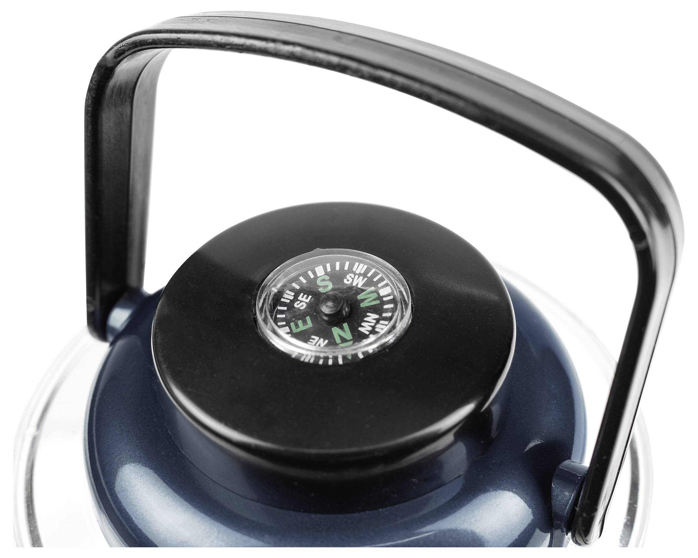 Eine blaue Campinglaterne mit einem runden, klaren Glasbereich oben, einem schwarzen Drehknopf in der Mitte, und einem schwarzen Sockel.