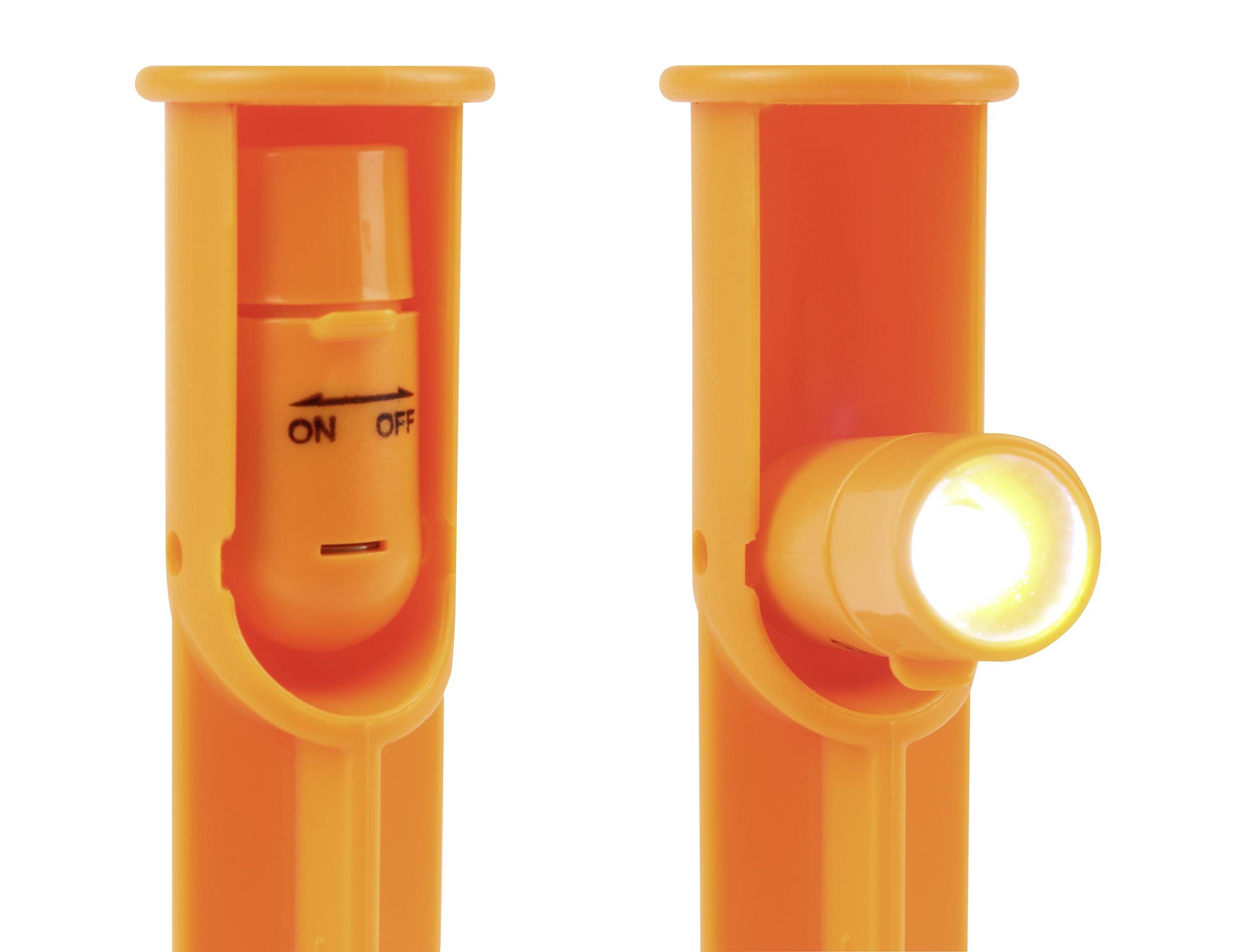 Orangefarbener Kunststoffstab mit integrierter LED, links aus, rechts eingeschaltet.