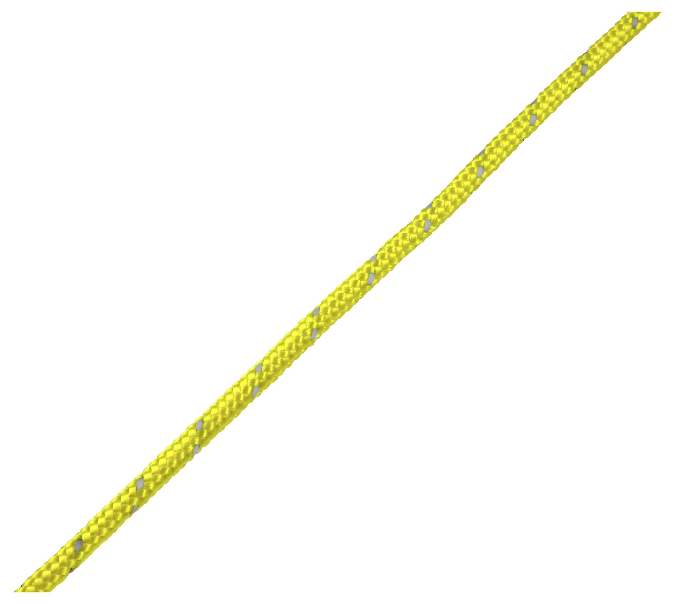 Ein gelbes, geflochtenes Seil mit grauen Akzenten, diagonal über das Bild verlaufend.