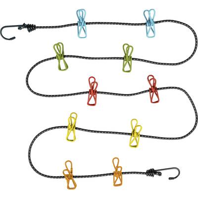 Elastisches Seil mit mehreren bunten Clips verteilt. Es hat an beiden Enden Haken zur Befestigung.