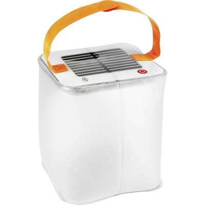 Tragbare Solarlampe mit orangefarbenem Griff, rechteckigem Solar-Panel auf der Oberseite und einem roten Ein/Aus-Schalter.