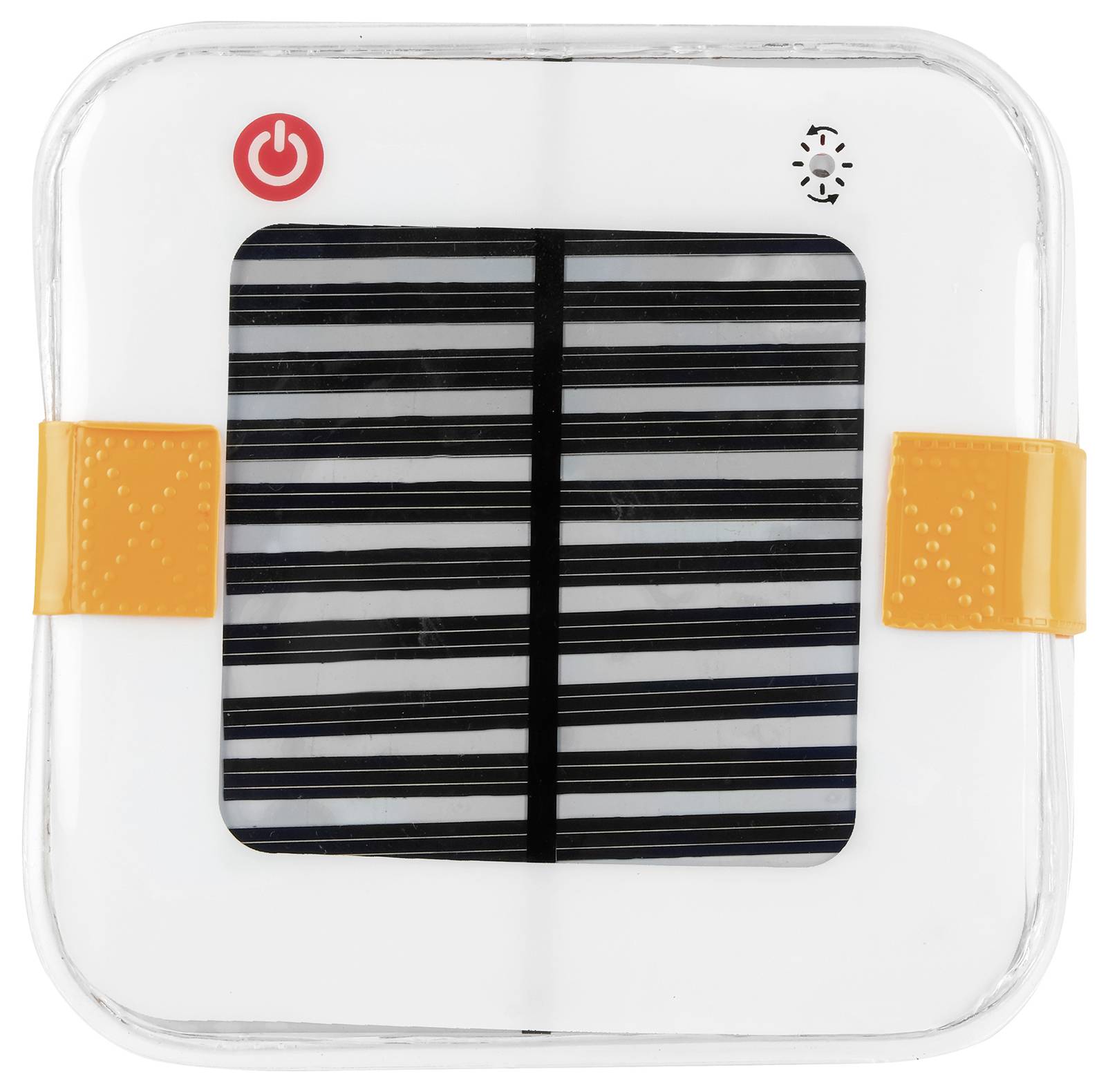 Ein kleiner, quadratischer Solarlader mit orangefarbenen Laschen und roten und schwarzen Markierungen.
