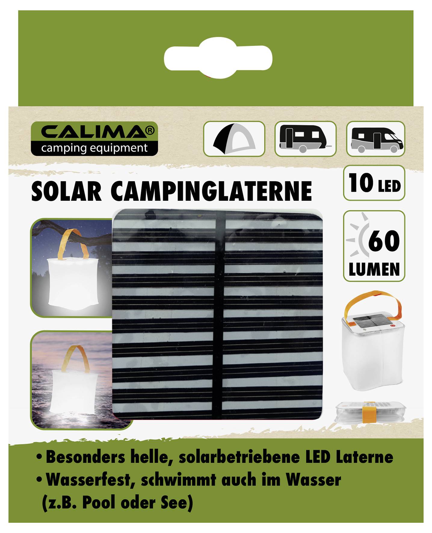 Ein tragbares Solarpanel-Lichtgerät mit orangefarbenen Halterungen. Oben links ein roter Ein-/Ausschalter, rechts ein Sonnensymbol.
