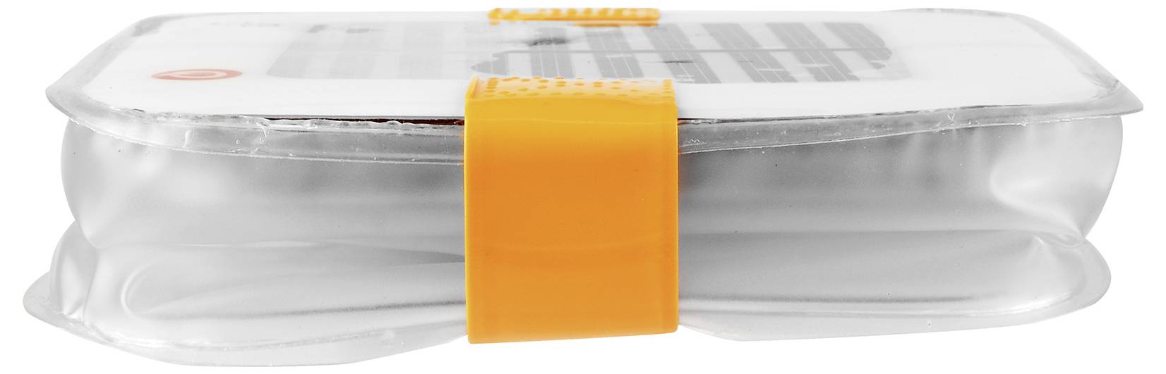 Ein quadratischer, transparenter Wasserbeutel mit orangem Griff und Verschluss.