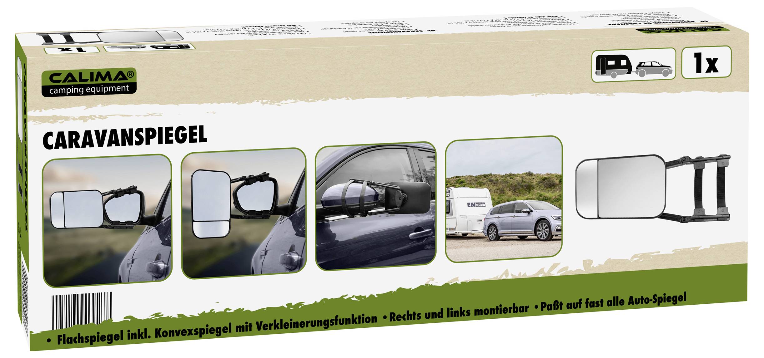 Verpackung eines Caravanspiegels für Campingfahrzeuge. Enthält Bilder des Spiegels im Einsatz am Fahrzeug. Passend für die meisten Autos.