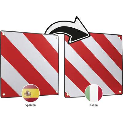 Zwei rot-weiße Warntafeln; links: Spanien, rechts: Italien. Ein Pfeil weist von der spanischen zur italienischen Tafel.