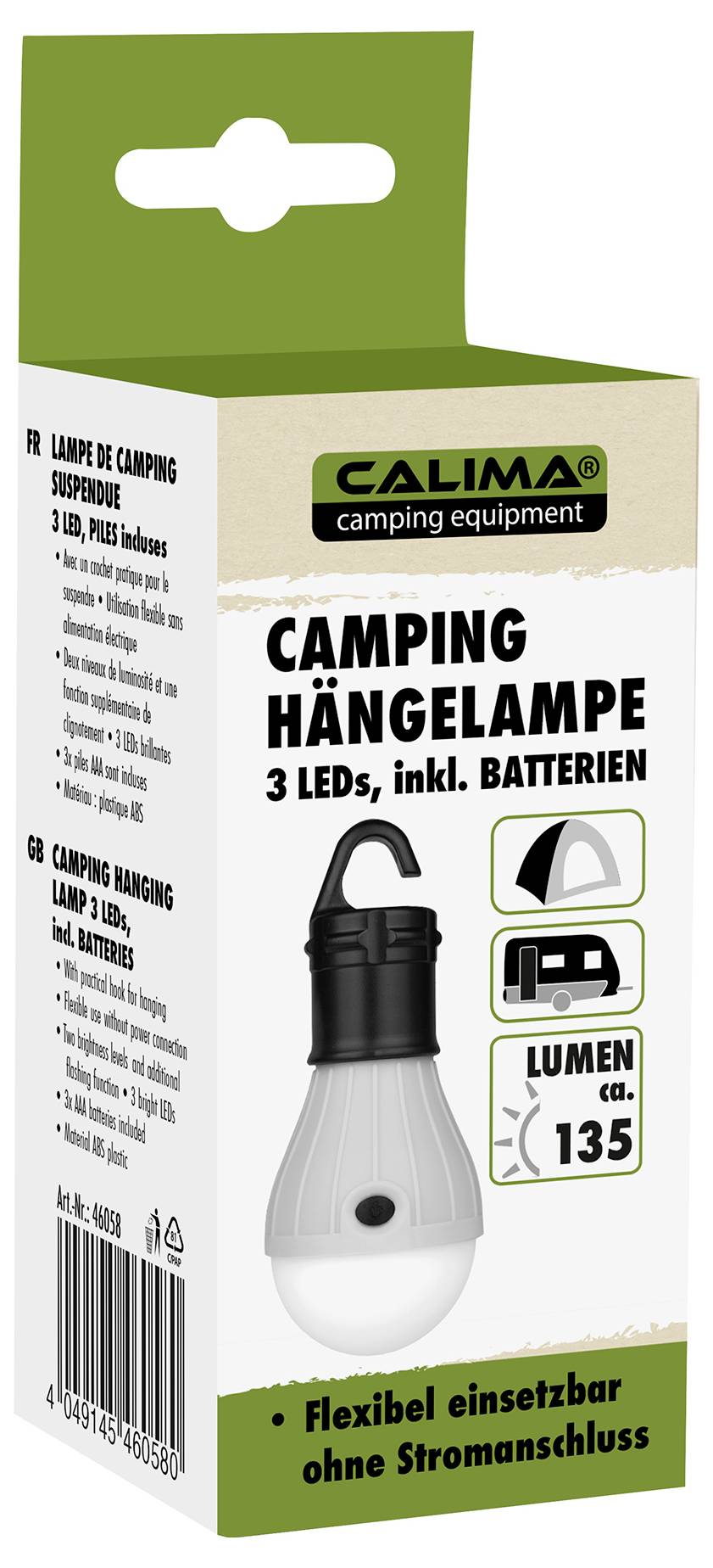 Verpackung einer Camping-Hängelampe von Calima. Enthält 3 LEDs, Batterien sind inklusive. Lumen: ca. 135. Symbol für Zeltanwendung.