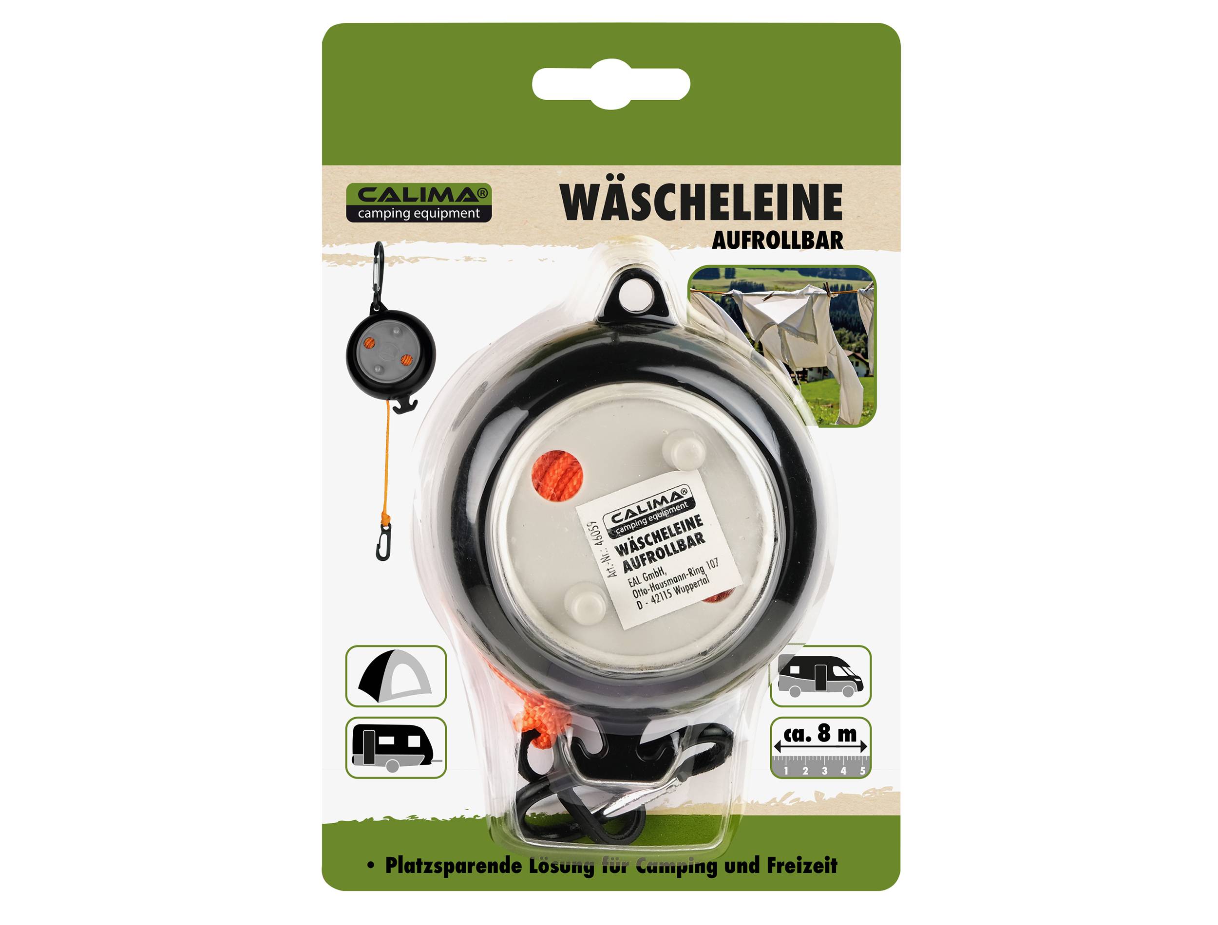 Verpackung einer aufrollbaren Wäscheleine für Camping und Freizeit, Länge ca. 8 m. Platzsparend, mit Bild eines Zeltes im Hintergrund.