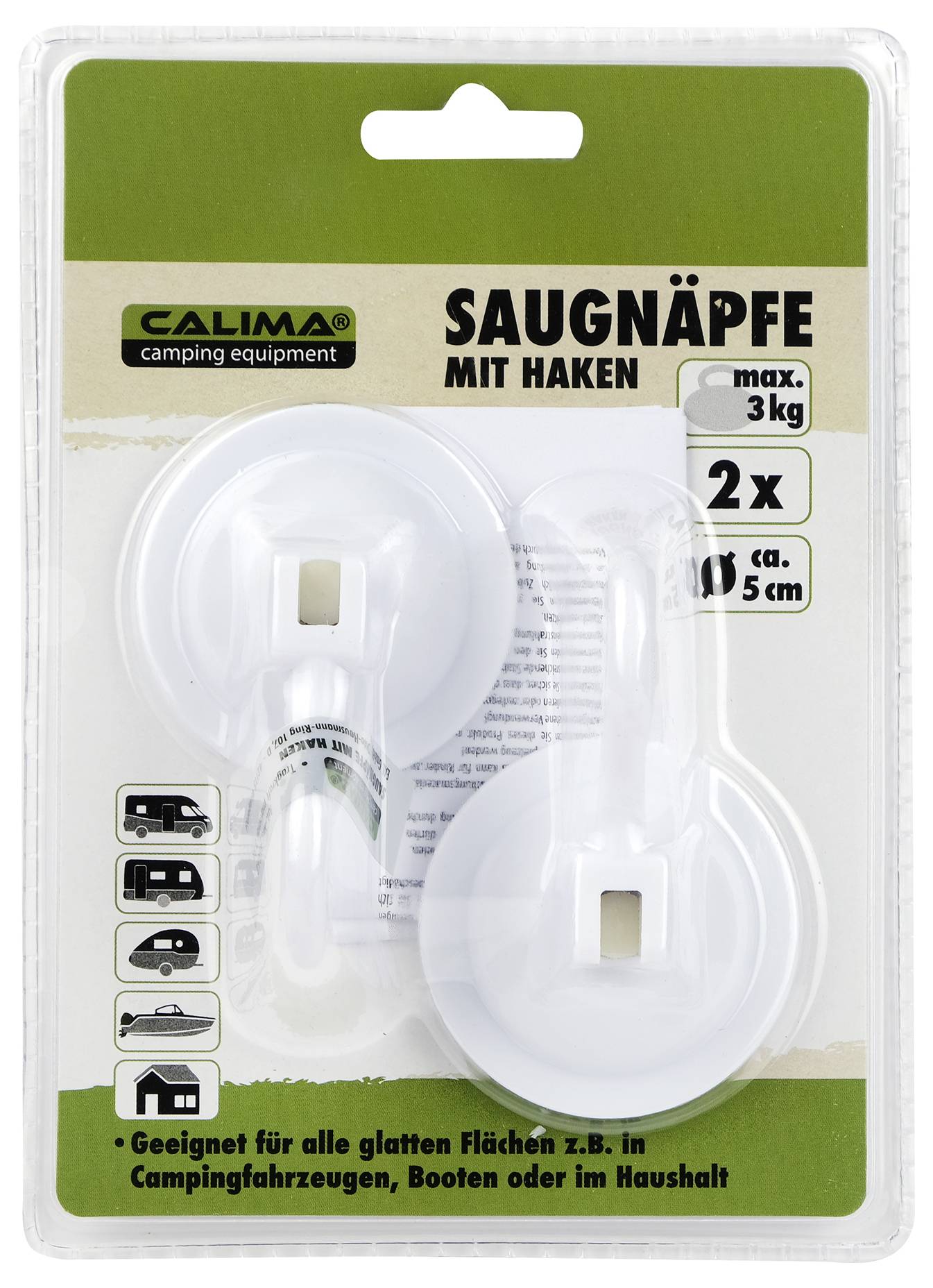 Verpackung enthält zwei Saugnäpfe mit Haken für bis zu 3 kg Last. Geeignet für glatte Oberflächen in Campingfahrzeugen und Haushalten.