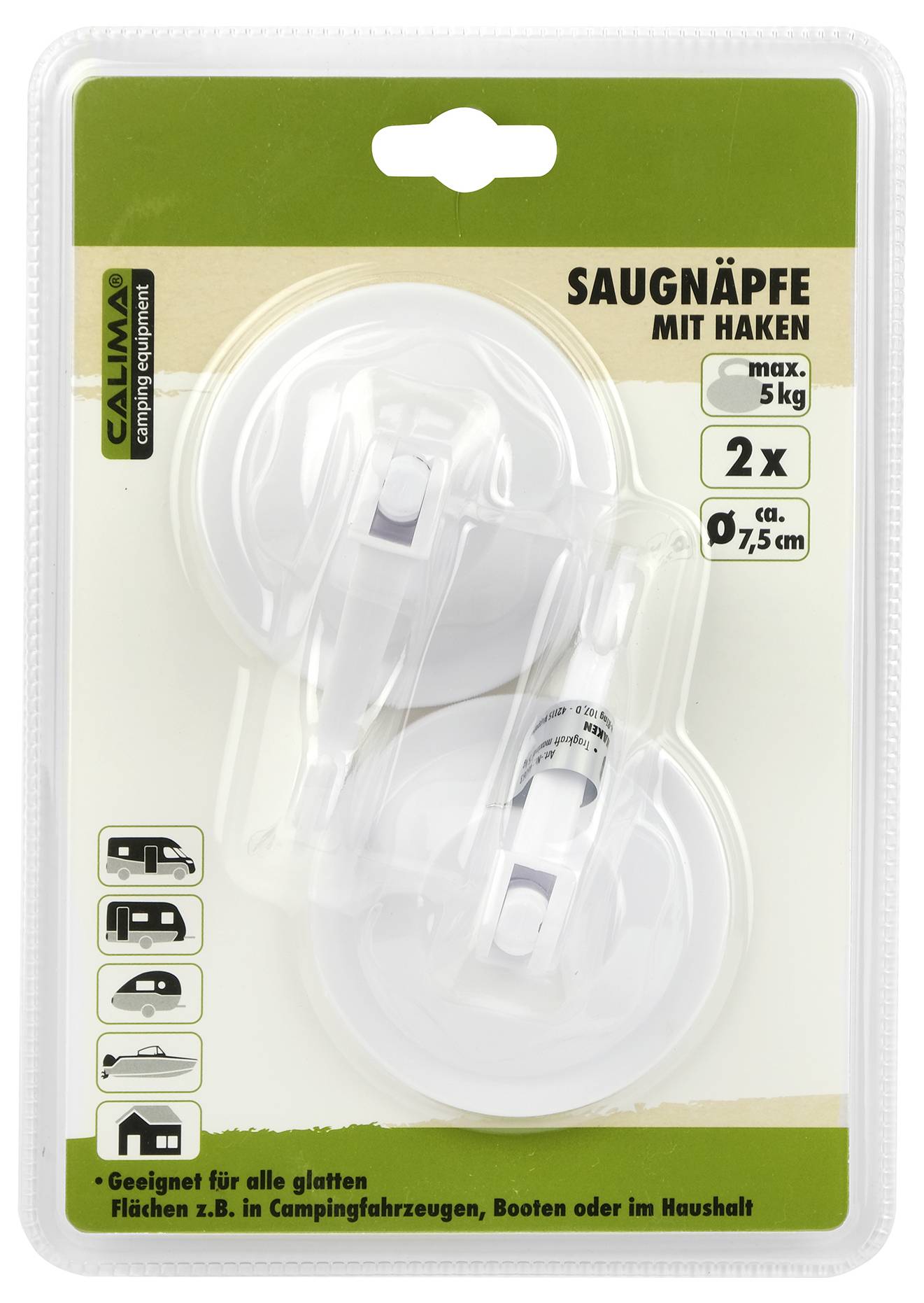 Zwei Saugnäpfe mit Haken, geeignet für glatte Flächen im Haushalt, Campingfahrzeuge und Boote, belastbar bis 5 kg, Durchmesser 7,5 cm.