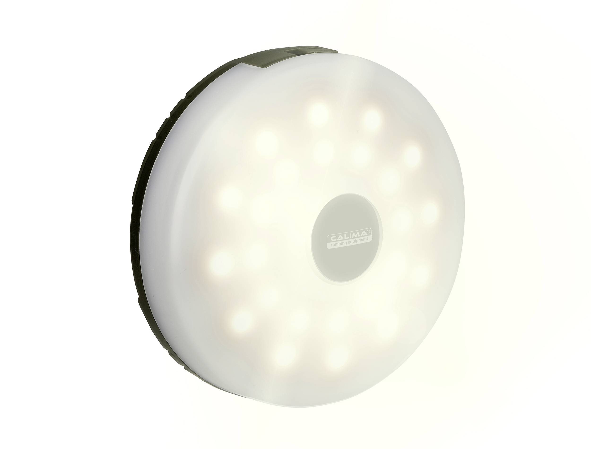 Runde LED-Leuchte mit definiertem Zentrum, von hellem, gleichmäßigem Licht umgeben, auf weißem Hintergrund.