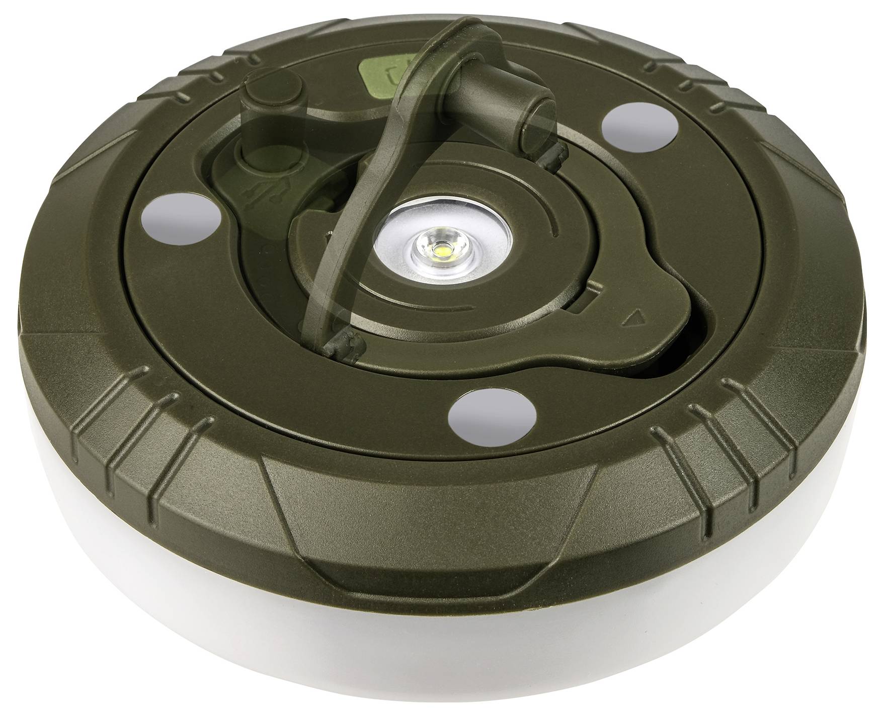 Runde, grüne Campinglaterne mit Haken oben und integrierter LED-Lampe in der Mitte, für Outdoor-Aktivitäten geeignet.
