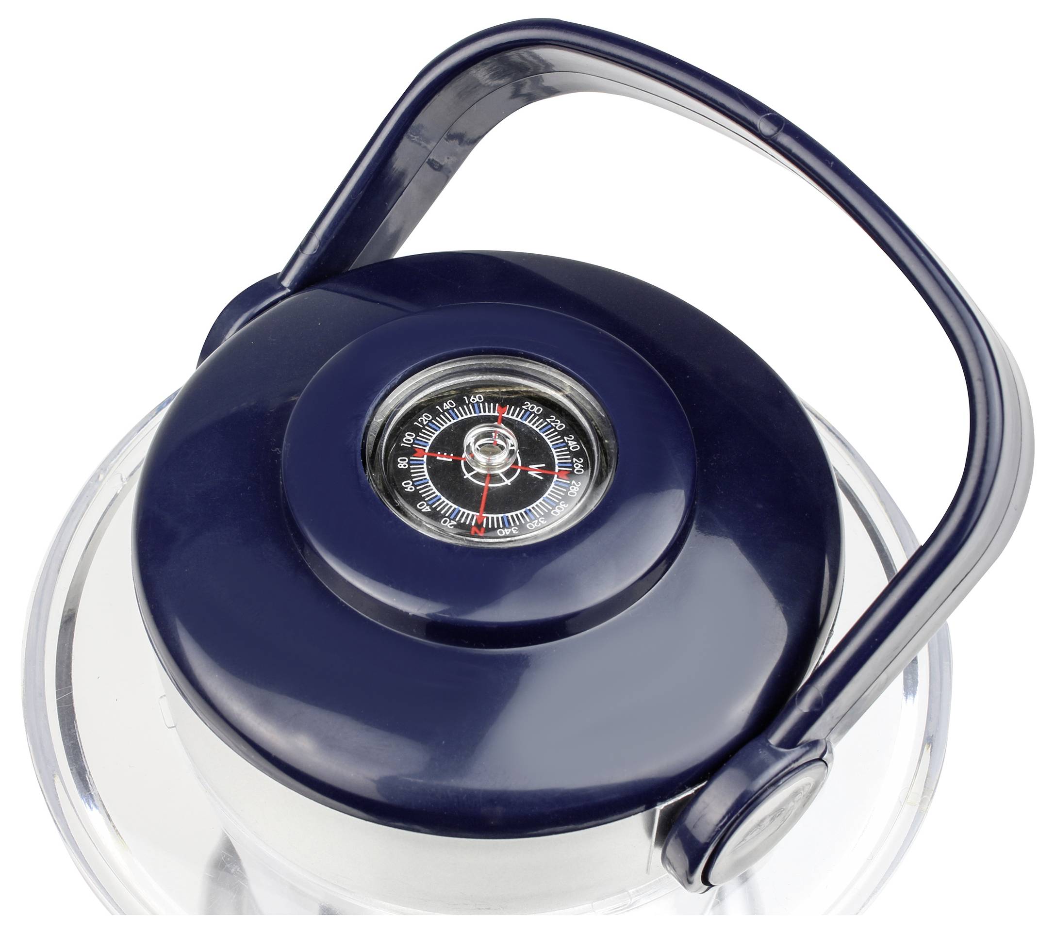 Ein blauer Topfdeckel mit integriertem Thermometer in der Mitte. Der Griff ist gebogen, der Deckel ist auf einem Glasbehälter befestigt.