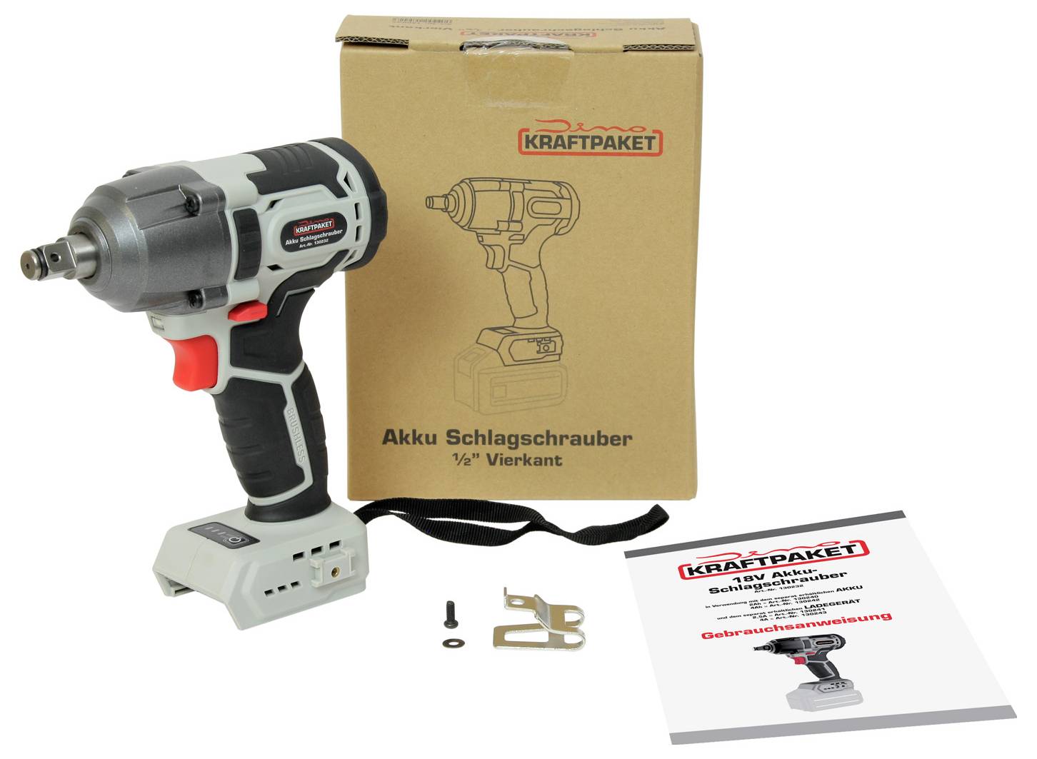 Akkuschlagschrauber mit Verpackung und Anleitung. Enthält Zubehörteile. Markenname und technische Details sind sichtbar.