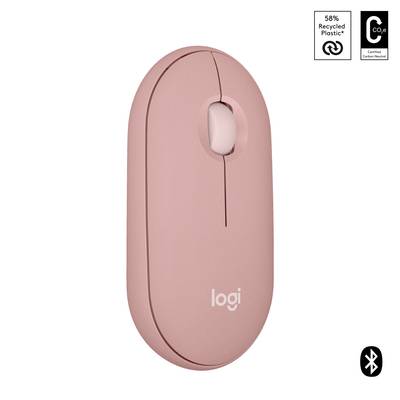 Kabellose, rosafarbene Computermaus von Logitech, hergestellt aus 58% recyceltem Plastik, mit Bluetooth-Konnektivität.