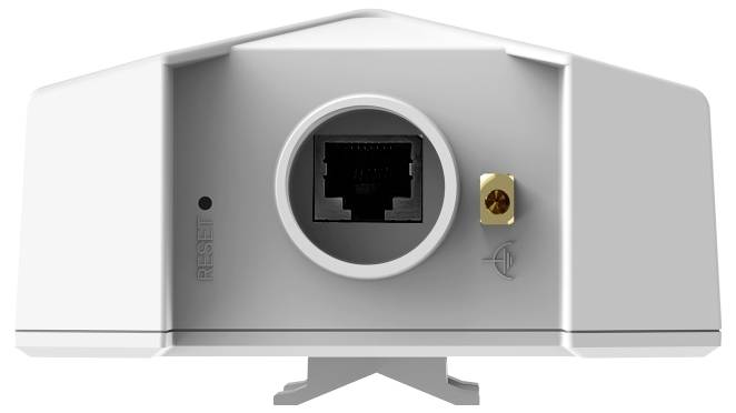 Rückseite eines elektronischen Geräts mit einem Reset-Knopf, einem Ethernet-Anschluss, und einer Anschlussstelle für eine Antenne.