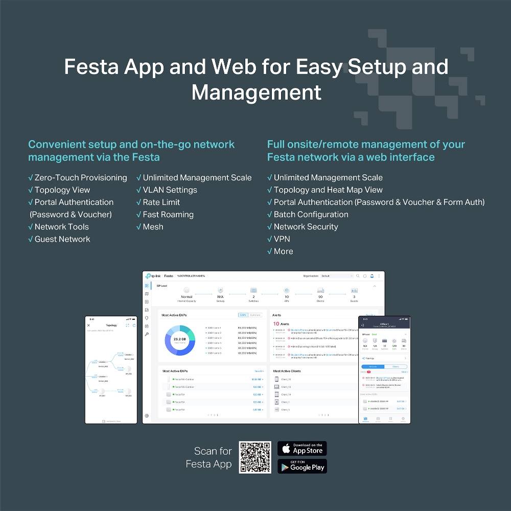 Festa App und Web für einfache Einrichtung und Verwaltung bietet Netzwerkverwaltungsfunktionen wie Zero-Touch-Provisioning, Ratenlimits, VLAN-Einstellungen und Netzwerksicherheit mit App-Download-Optionen.