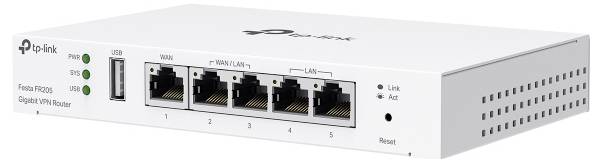 Ein weißer TP-Link Router mit beschrifteten Anschlüssen für USB, WAN und LAN sowie Indikatorleuchten für Stromversorgung, Systemstatus und Verbindungsstatus.