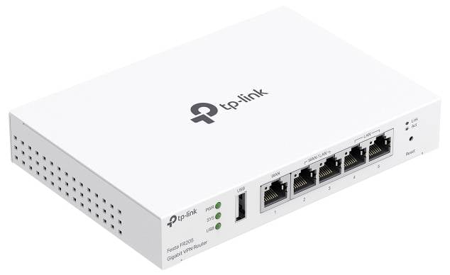 Ein weißer TP-Link Router mit fünf Ethernet-Ports und Anzeigenlichtern, beschriftet mit 'TL-R605', konzipiert für den Einsatz als Omada VPN Router.