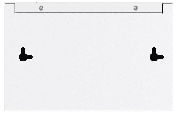 Weißes Metallpanel mit zwei schwarzen Schlüssellochschlitzen auf einer flachen Oberfläche; Teil eines Montagsystems oder einer Hardwarekomponente.