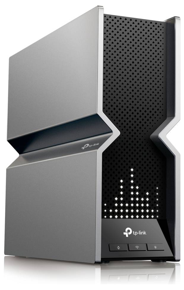 Ein grauer WLAN-Router von TP-Link mit perforiertem Design und leuchtenden LED-Anzeigen auf der Vorderseite.