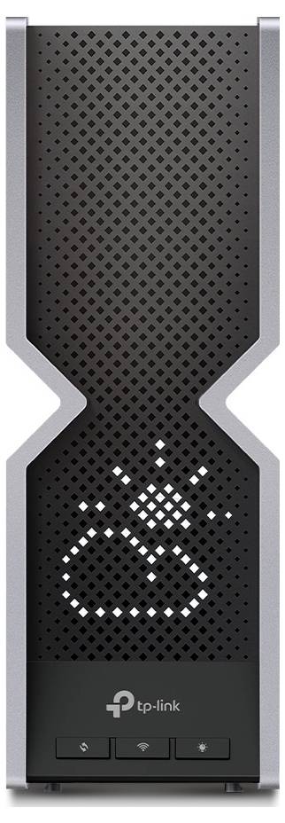 Ein schwarzer TP-Link Router mit einem beleuchteten Wolkensymbol auf der Vorderseite und drei Tasten darunter.