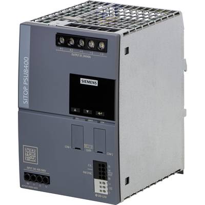 Industrielles Schaltnetzteil, SITOP PSU8400 von Siemens, grau, mehrere Anschlüsse oben, Firmenlogo in der Mitte, Modellnummer links.