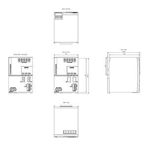 Technische Zeichnungen eines elektronischen Geräts aus verschiedenen Perspektiven, mit detaillierten Maßen und Anschlussdetails.