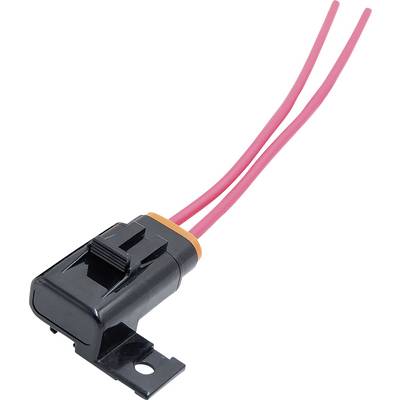 Schwarzer elektrischer Steckverbinder mit zwei langen roten Kabeln, geeignet für Anwendungen in der Autoelektrik.