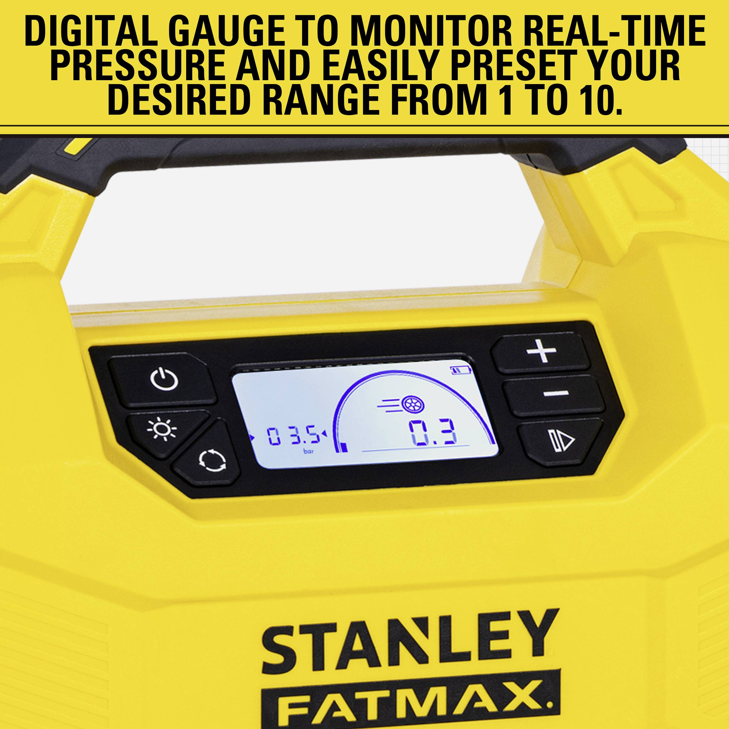Gelbes Gerät mit digitalem Display zur Drucküberwachung. Text oben: 'Digital Gauge to Monitor Real-Time Pressure and Easily Preset Your Desired Range from 1 to 10.'