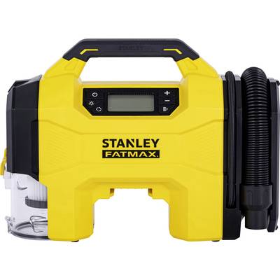 Gelber tragbarer Staubsauger mit schwarzem Griff und digitalem Display. Markenname 'Stanley FatMax' auf der Vorderseite.