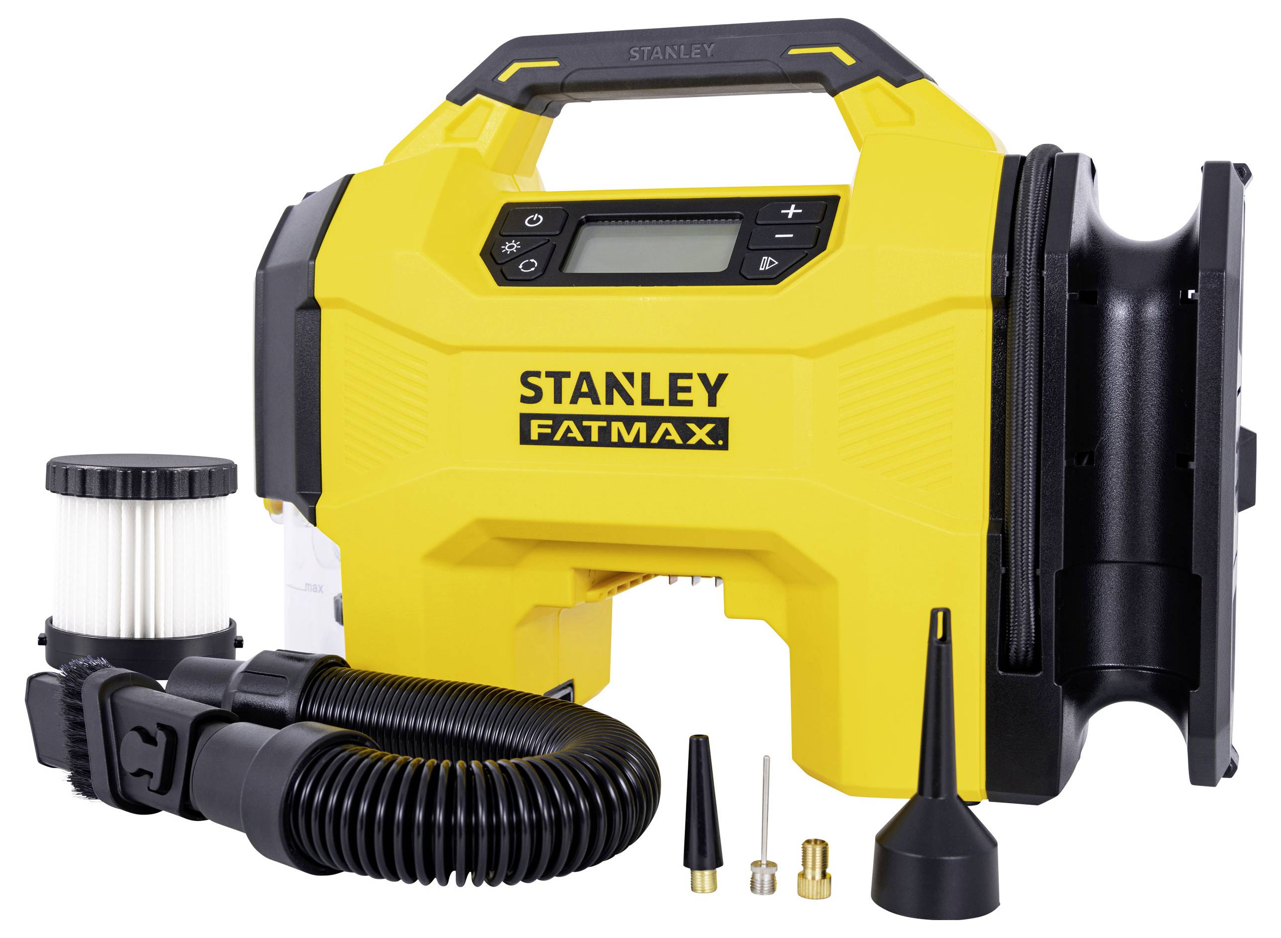 Gelber Stanley Fatmax Kompressor mit Zubehör: Schlauch, Filter und Düsen. Ideal für vielseitige Anwendungen.