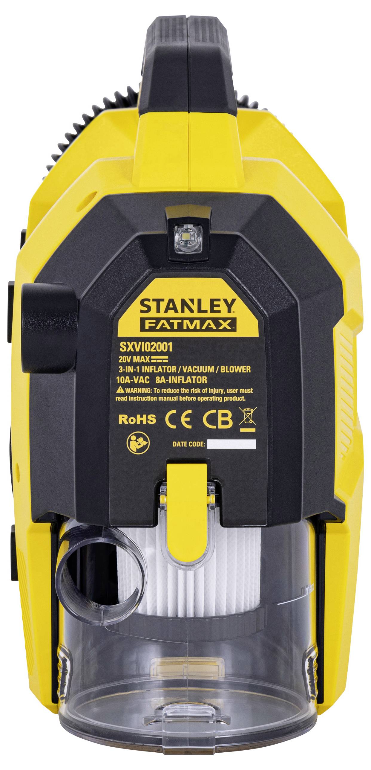 Gelbes und schwarzes tragbares Gebläse mit sichtbarem Filter und Markenlogo. Eignet sich zum Aufpumpen und Reinigen.