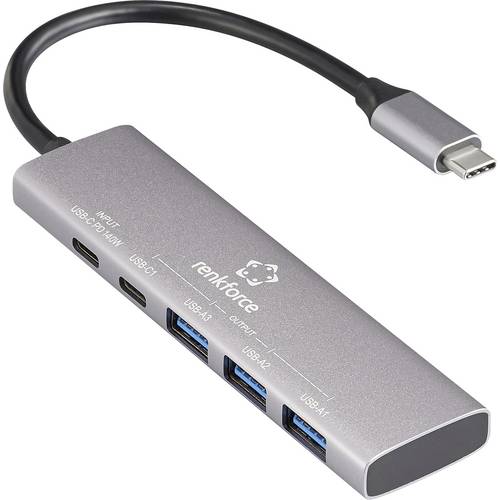 Renkforce RF-USBH-300 5 Port USB-C® (USB 3.2 Gen 1) Multiport Hub mit Aluminiumgehäuse, USB-C® PD Ladeanschluss Grau
