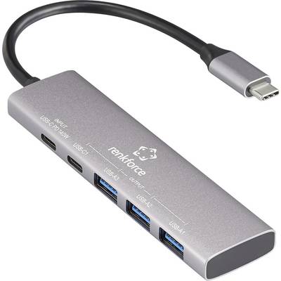 USB-C Hub mit mehrfachem Anschluss: zwei USB-C-Anschlüsse, drei USB-A-Anschlüsse. Marke 'renkforce'. Ideal für erweiterte Konnektivität.