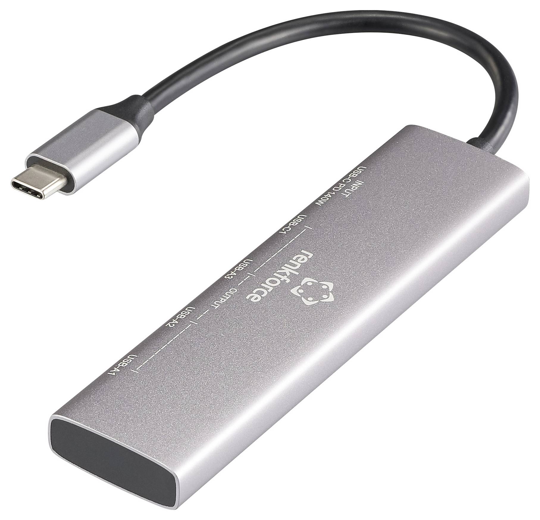 Ein silberner USB-C-Adapter mit Markenlogo. Verbindet Geräte über mehrere Anschlüsse, geeignet für Laptops und Tablets.