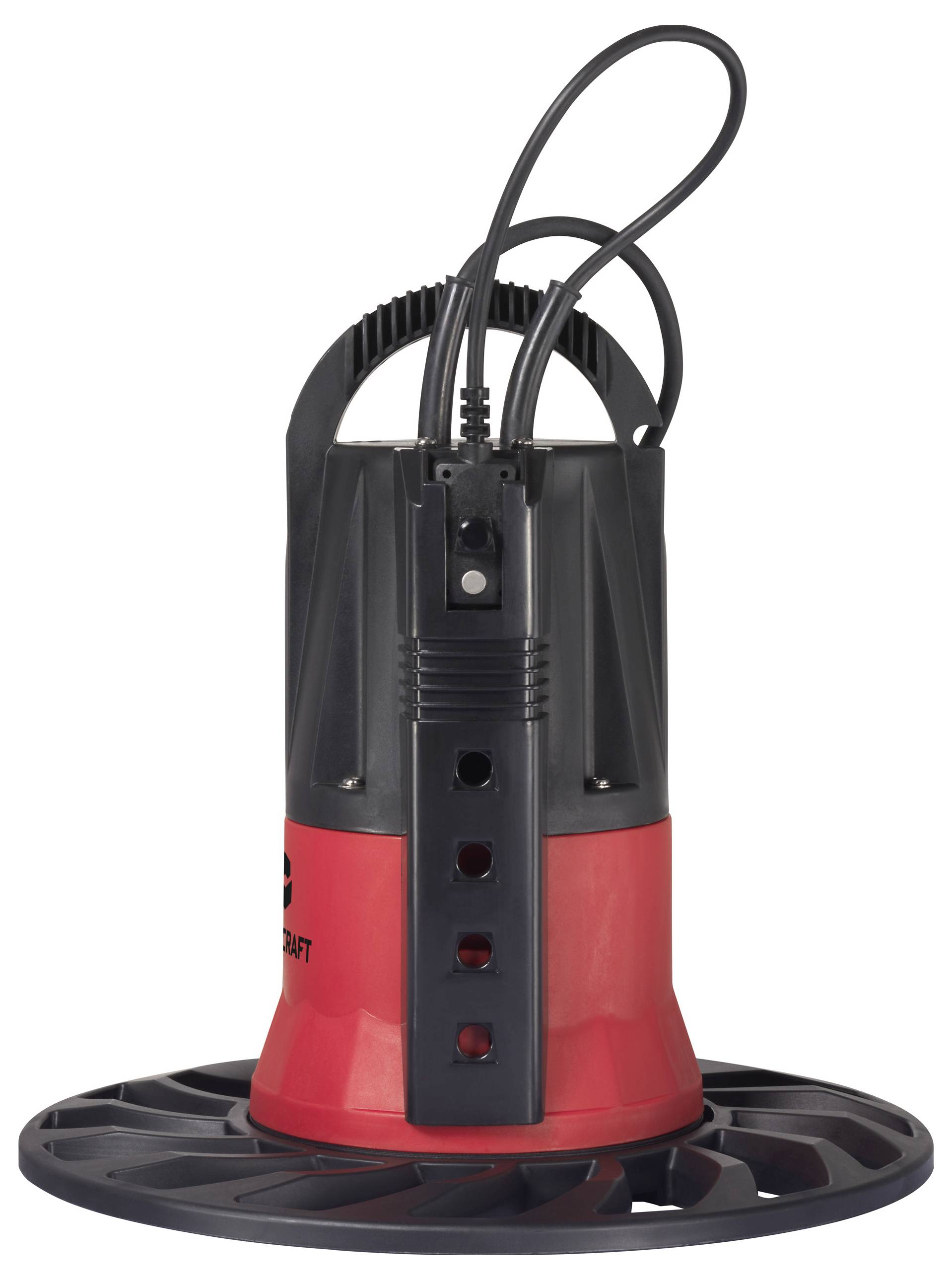 Graue und rote Tauchpumpe mit Griff und schwarzem Kabel oben. Sie steht auf einer runden Basis, geeignet für Wasseranwendungen.