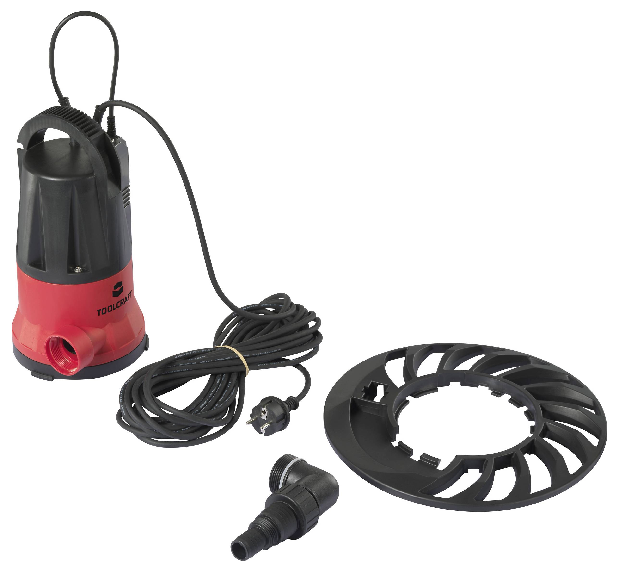 Tauchpumpe mit langem Kabel, Anschlussadapter und Pumpenrad. Zum Transport von Wasser. Hauptsächlich in technischen oder Heimwerkerkontexten verwendet.