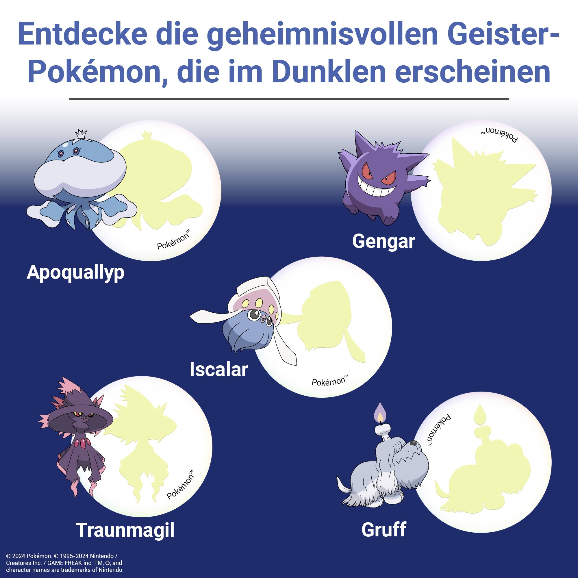 Eine Abbildung zeigt drei Pokémon – Apokallyp, Gengar und Iscalar – mit zwei geheimnisvollen, schattenhaften Formen daneben.