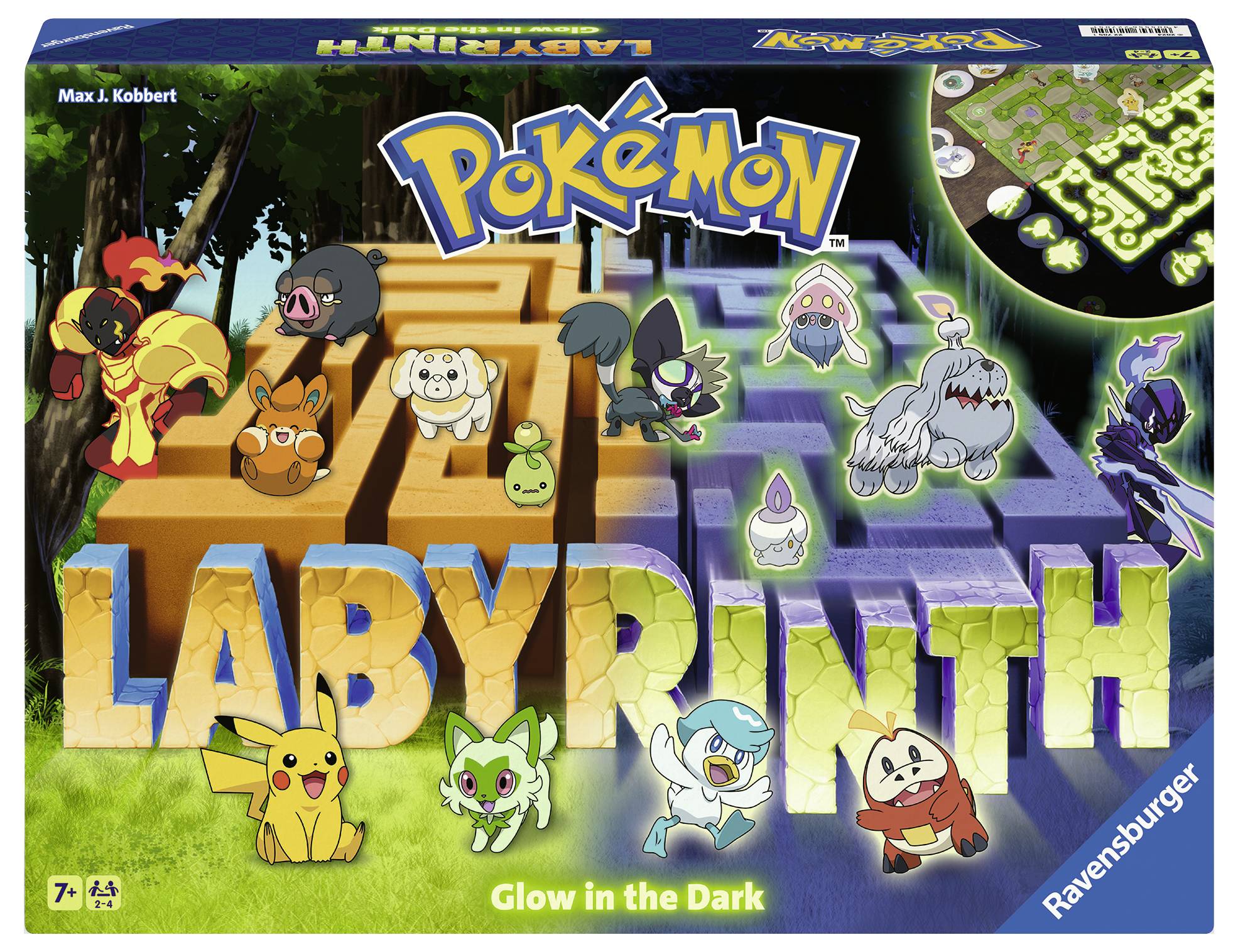 Spielekarton 'Pokémon Labyrinth' mit bunten Pokémon-Charakteren und einem detaillierten Labyrinthdesign. Anpassbar ab 7 Jahren.