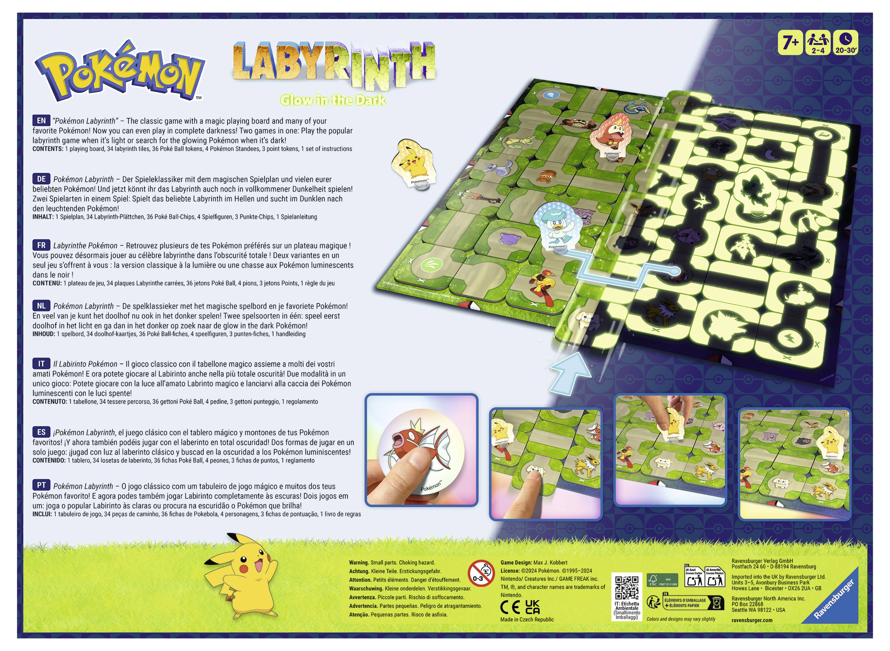 Brettspiel "Pokémon Labyrinth - Glow in the Dark" von Ravensburger für Kinder ab 7 Jahren, zeigt leuchtendes Labyrinthdesign.