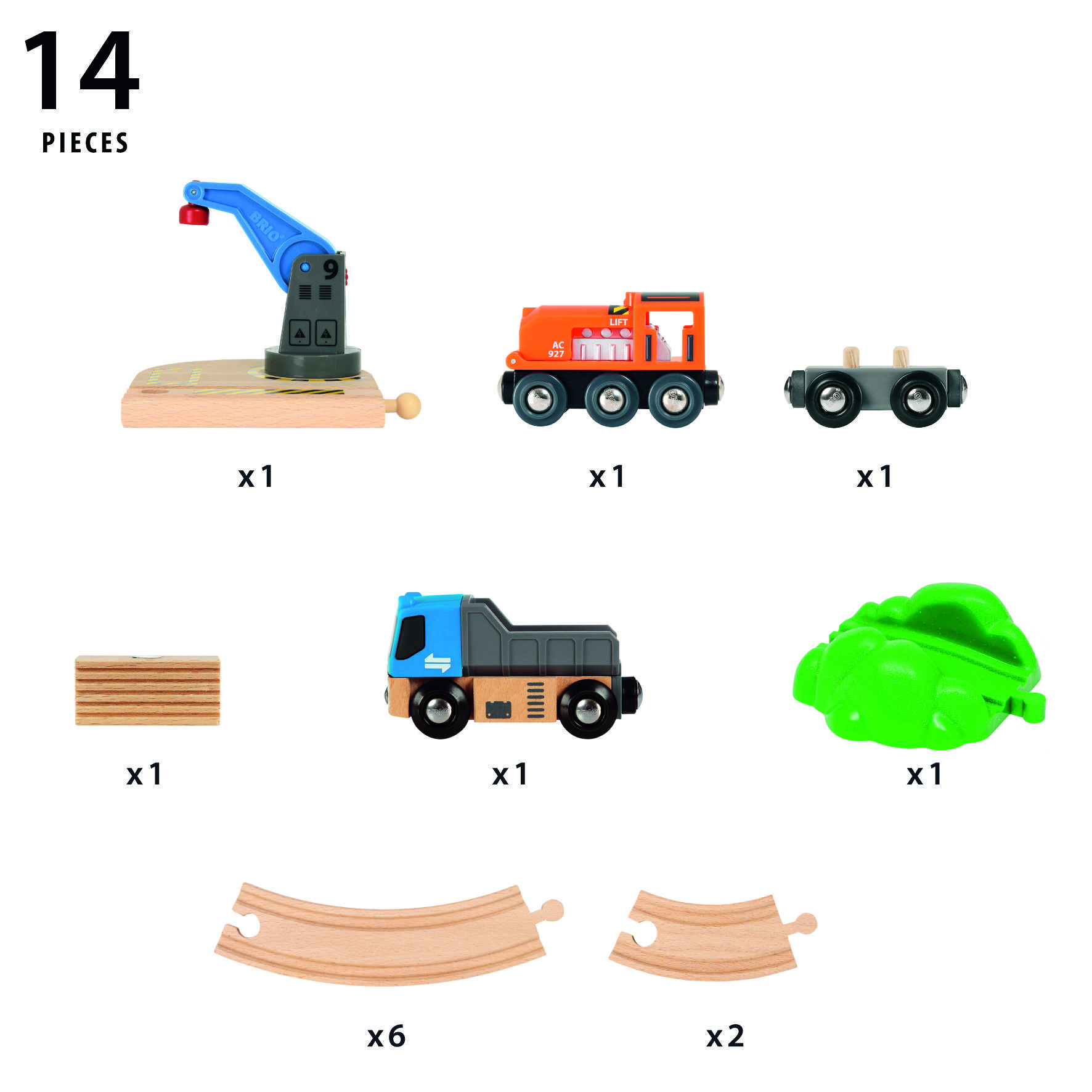 14-teilige Spielzeug-Eisenbahn. Enthält einen Kran, eine Lokomotive, Waggons, Schienen und Zubehör. Ideal für Kinder zum Spielen.
